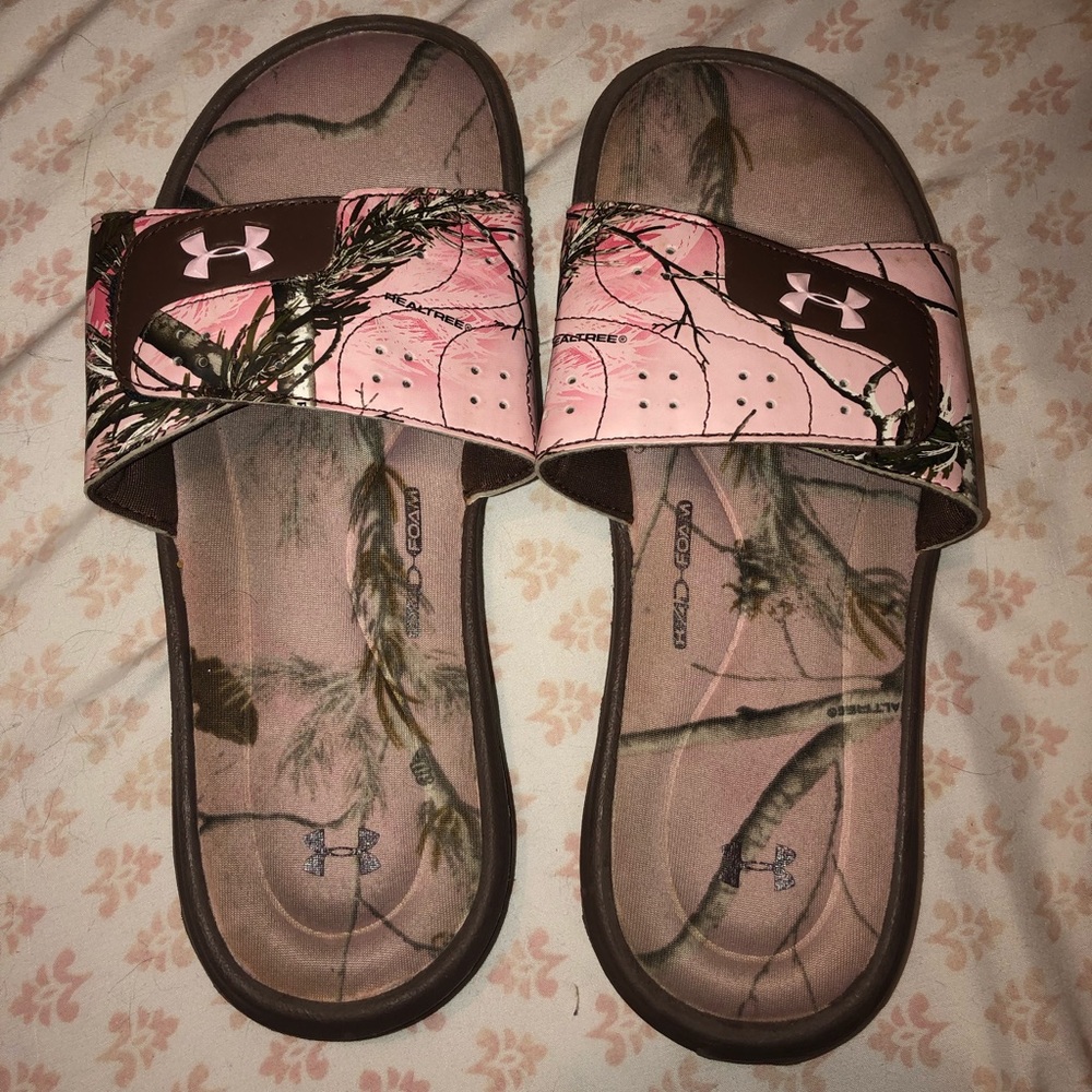 Pink Camo Under Armour Slides